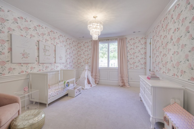 bedroom featuring ornamental molding, light colored carpet, and an inviting chandelier