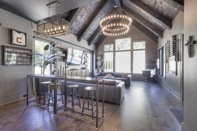 living room with beamed ceiling, wooden ceiling, and dark hardwood / wood-style flooring