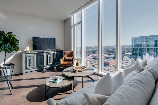 living room featuring expansive windows and hardwood / wood-style floors