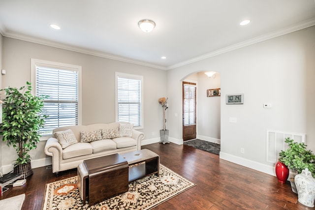 living room featuring dark hardwood / wood-style floors and crown molding