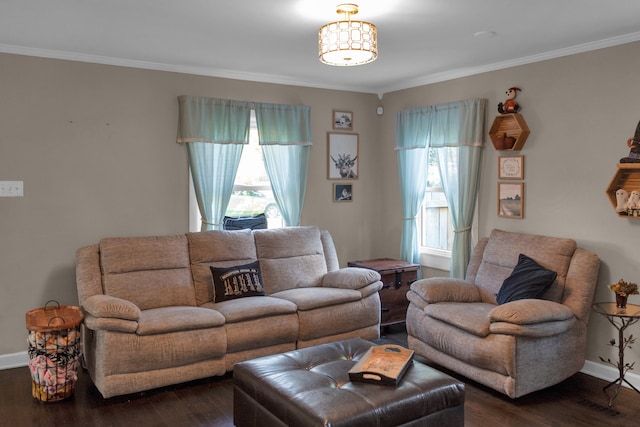 living room with ornamental molding and dark hardwood / wood-style flooring