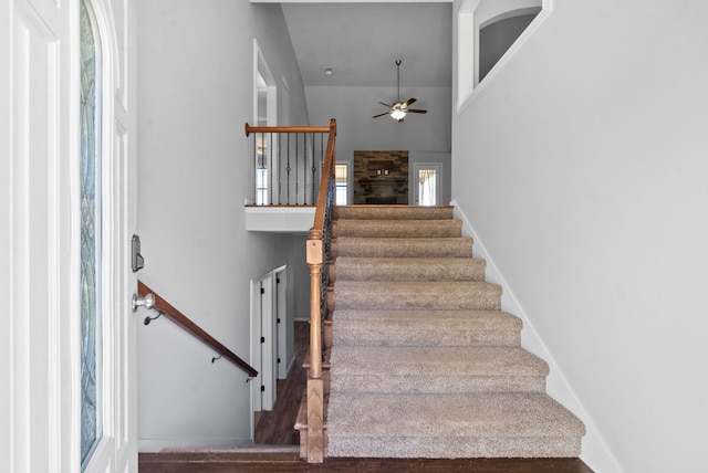 stairs featuring ceiling fan, a towering ceiling, a fireplace, and hardwood / wood-style floors