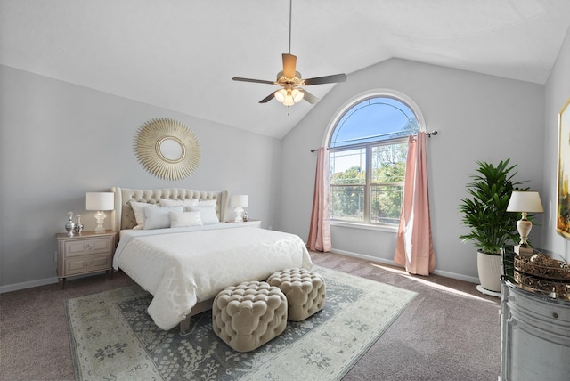 carpeted bedroom with lofted ceiling, baseboards, and a ceiling fan