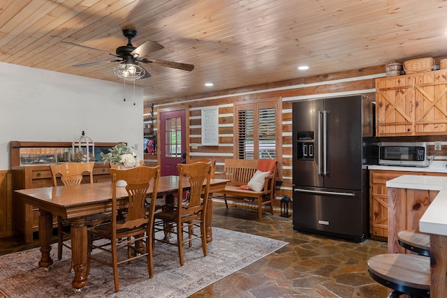 dining room featuring ceiling fan and wooden ceiling