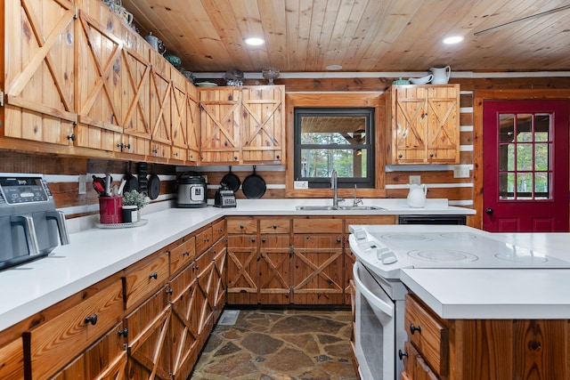 kitchen featuring white electric stove, sink, wooden ceiling, and wooden walls