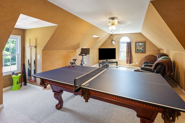 game room featuring lofted ceiling, carpet floors, a healthy amount of sunlight, and ceiling fan