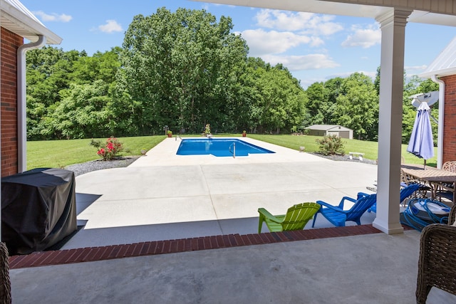 view of pool with a patio area, a lawn, and a grill