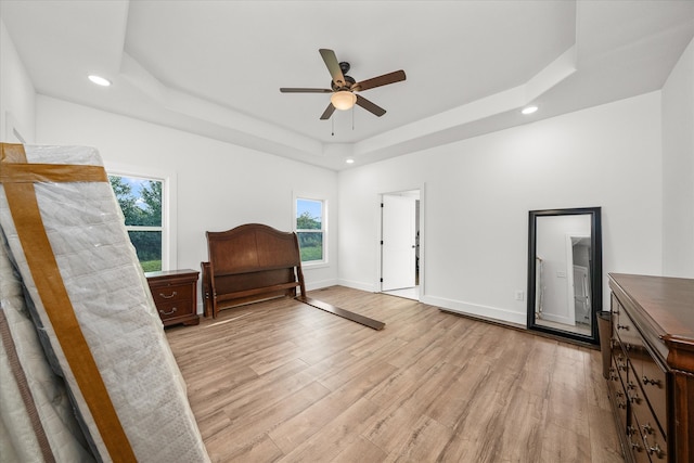 interior space featuring multiple windows, a tray ceiling, and light wood-type flooring