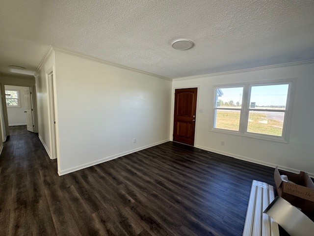 spare room with a wealth of natural light, dark wood-type flooring, crown molding, and a textured ceiling