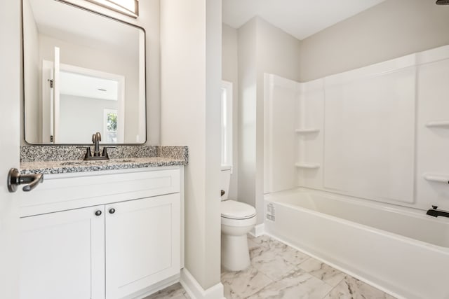 full bathroom featuring vanity, toilet, and shower / washtub combination