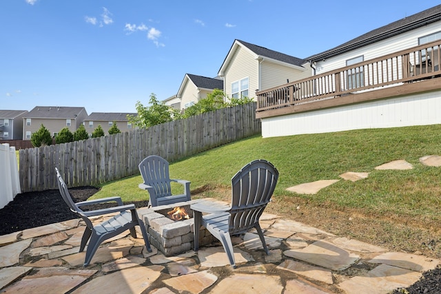 view of patio / terrace featuring a wooden deck and a fire pit