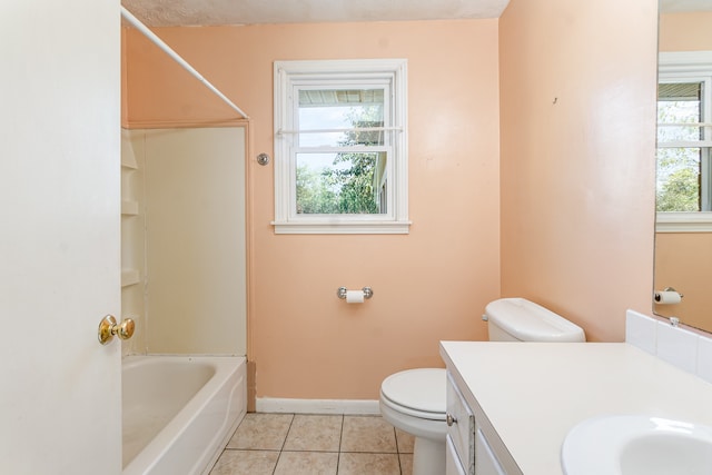 full bathroom with bathtub / shower combination, a textured ceiling, toilet, tile patterned floors, and vanity