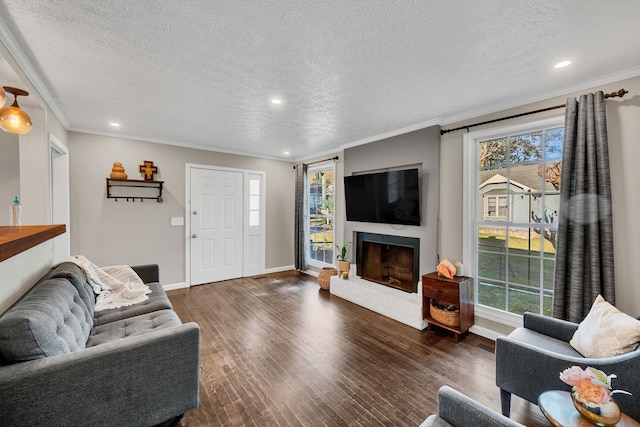 living room with plenty of natural light, a textured ceiling, and dark hardwood / wood-style flooring