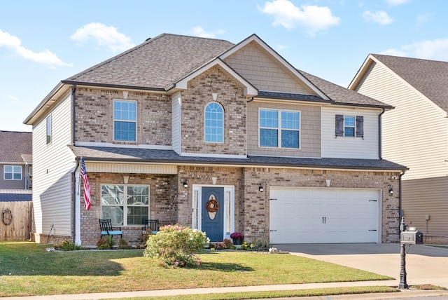 craftsman-style house with a front lawn and a garage