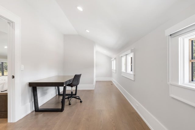 5893 Cairo Bend Rd, Lebanon, TN 37087 - unfurnished office featuring wood finished floors, lofted ceiling, plenty of natural light, baseboards, and recessed lighting