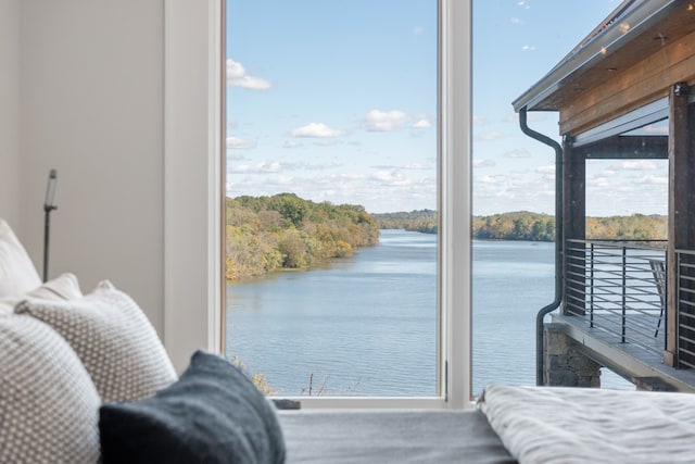 interior space with a water view