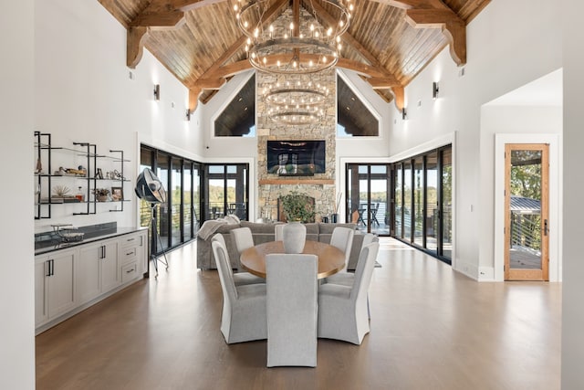 dining area with wood ceiling, high vaulted ceiling, and dark hardwood / wood-style floors