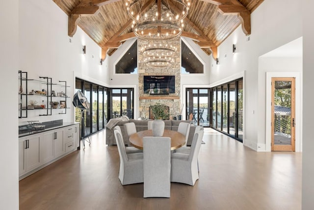 5893 Cairo Bend Rd, Lebanon, TN 37087 - dining area with wooden ceiling with exposed beams, high vaulted ceiling, a chandelier, wood finished floors, and baseboards