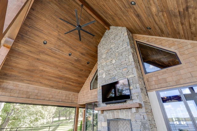 5893 Cairo Bend Rd, Lebanon, TN 37087 - unfurnished living room featuring wooden ceiling with exposed beams, high vaulted ceiling, and ceiling fan