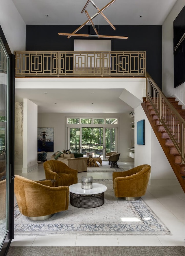 living room with tile patterned floors