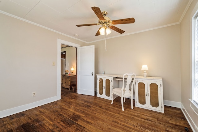 unfurnished office with crown molding, ceiling fan, and dark hardwood / wood-style flooring