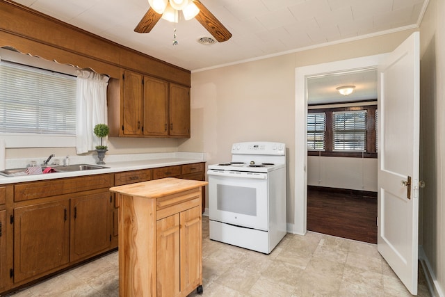 kitchen with ceiling fan, wood counters, ornamental molding, white range with electric stovetop, and sink