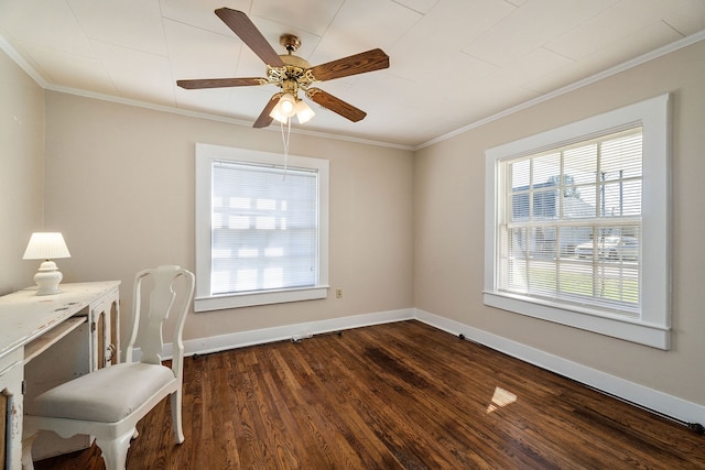 office area featuring crown molding, ceiling fan, and dark hardwood / wood-style flooring