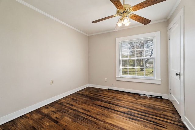 unfurnished room featuring ceiling fan, ornamental molding, and dark hardwood / wood-style flooring