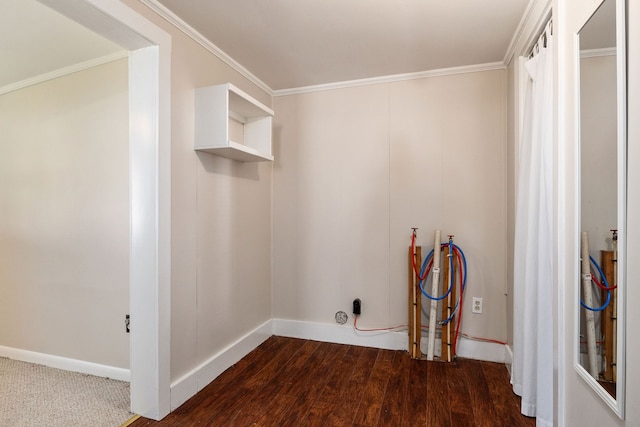 laundry room with ornamental molding, washer hookup, and dark hardwood / wood-style flooring