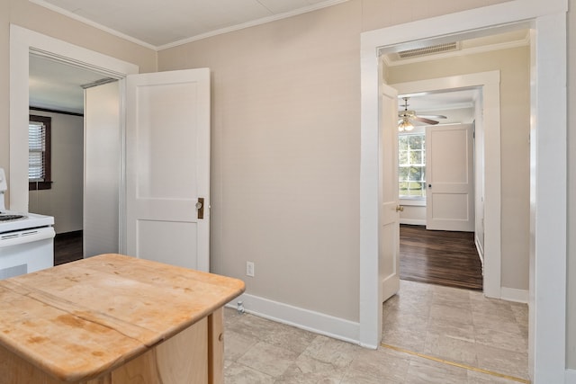 kitchen featuring ornamental molding, light brown cabinets, light wood-type flooring, and ceiling fan