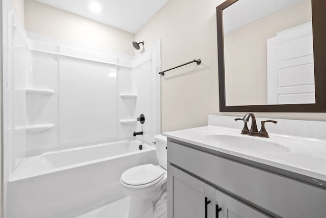 full bathroom featuring shower / bath combination, toilet, and vanity