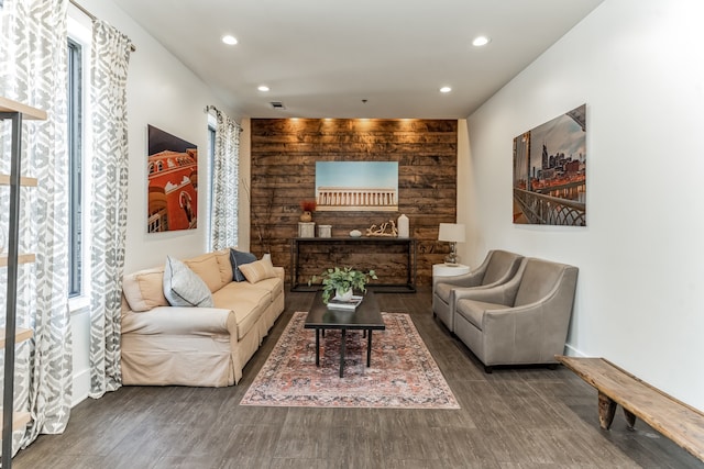 living room with dark wood-type flooring