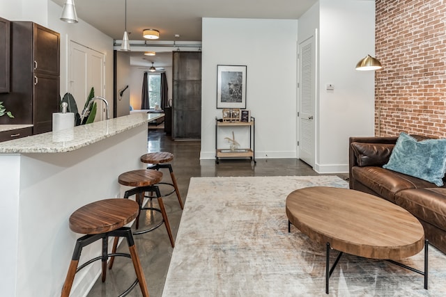 living room featuring a barn door