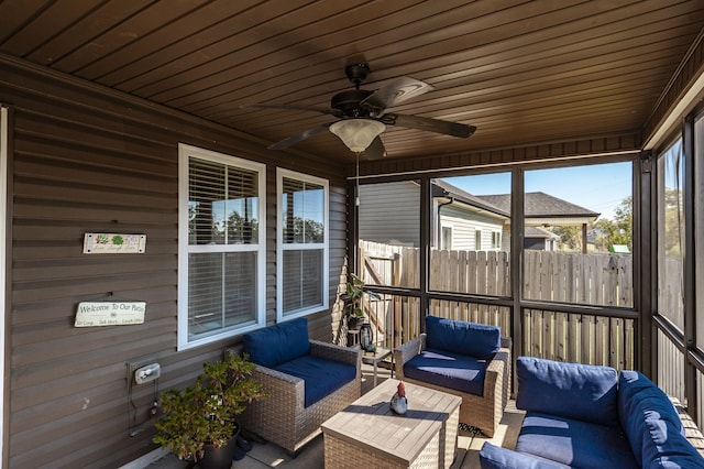 sunroom / solarium featuring wood ceiling and ceiling fan