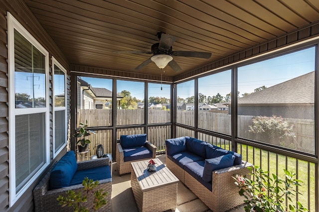 sunroom featuring wood ceiling and ceiling fan