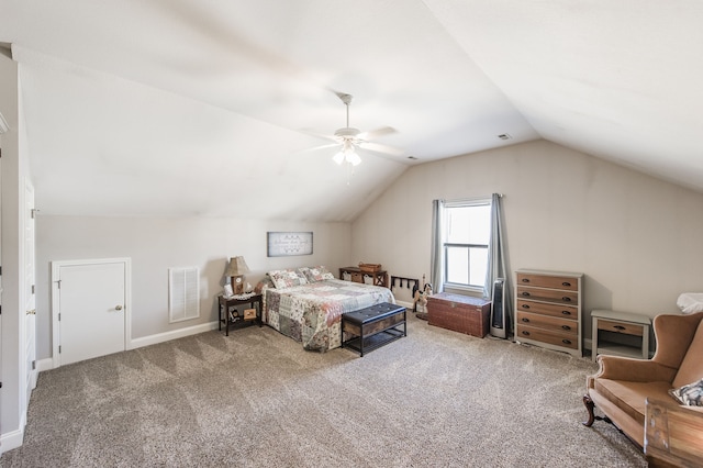 carpeted bedroom featuring lofted ceiling and ceiling fan