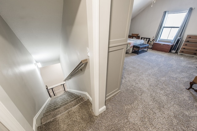 stairs featuring lofted ceiling and carpet