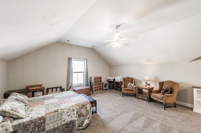 bedroom with lofted ceiling, carpet floors, and ceiling fan