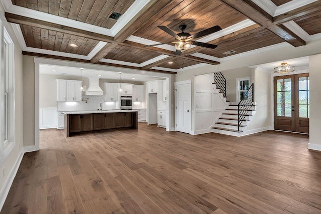 unfurnished living room featuring dark wood-type flooring, wood ceiling, and coffered ceiling