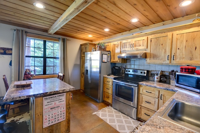 kitchen with light brown cabinetry, decorative backsplash, appliances with stainless steel finishes, and wooden ceiling