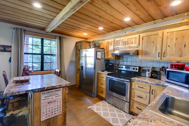 609 Whitthorne St, Shelbyville, TN 37160 - kitchen with appliances with stainless steel finishes, under cabinet range hood, wood ceiling, recessed lighting, and tasteful backsplash