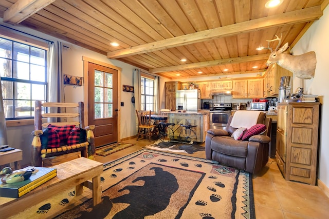 living room featuring beam ceiling, wooden ceiling, and light tile patterned flooring