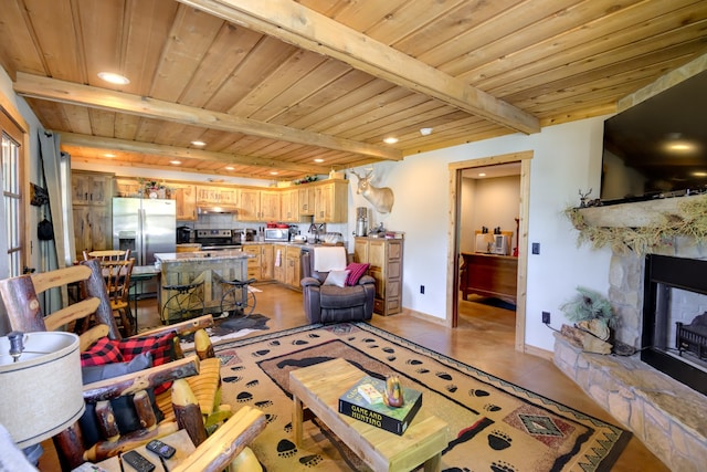 tiled living room with a stone fireplace, wood ceiling, and beam ceiling