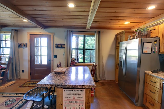 609 Whitthorne St, Shelbyville, TN 37160 - kitchen with stainless steel fridge with ice dispenser, a wooden ceiling with exposed beams, plenty of natural light, concrete floors, and recessed lighting