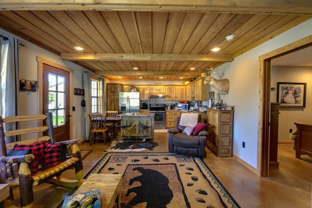 living room featuring beam ceiling and wood ceiling