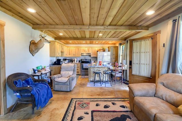 living room with beam ceiling and wooden ceiling