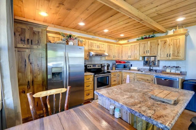 609 Whitthorne St, Shelbyville, TN 37160 - kitchen featuring appliances with stainless steel finishes, under cabinet range hood, a wooden ceiling with exposed beams, backsplash, and recessed lighting