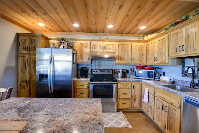 kitchen featuring sink, decorative backsplash, wood ceiling, and stainless steel appliances