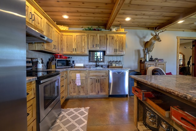 kitchen featuring tasteful backsplash, sink, wood ceiling, stainless steel appliances, and ventilation hood