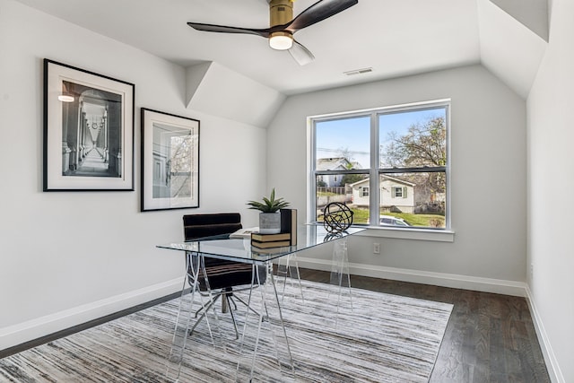 home office featuring wood-type flooring, ceiling fan, and vaulted ceiling